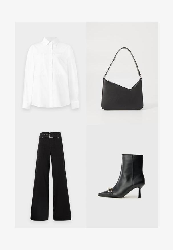 Camicia bianca a maniche lunghe con colletto button-down, due tasche sul petto e taglio dritto. Realizzata in un tessuto leggero con una consistenza liscia.; Pantaloni neri a gamba larga realizzati in cotone, con vita alta, ampie tasche laterali e vita con cintura arricchita da dettagli in metallo argentato.; Stivale alla caviglia in pelle nera con punta affusolata, tacco sottile di media altezza e dettaglio in fibbia argentata sul lato, su sfondo semplice.; Borsa a mano in pelle nera con forma triangolare, una tracolla sottile e accessori in argento. Presenta una chiusura con zip e un logo impresso sul davanti.