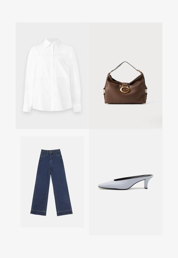 Chemise blanche à manches longues avec col boutonné, deux poches poitrine et coupe droite. Fabriquée en tissu léger avec une texture lisse.; Jeans à jambes larges en denim bleu foncé. Comprend cinq poches, des passants de ceinture et un ourlet brut en bas avec des détails de couture visibles.; Mule en cuir verni bleu clair avec un orteil pointu, un petit talon transparent et un design épuré mettant en valeur une découpe au cou-de-pied.; Sac à main en cuir marron avec une finition texturée, doté d'une fermeture en métal doré et d'une seule anse arrondie.