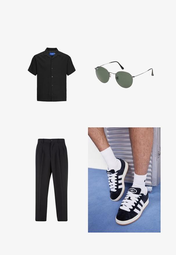 Trumpalaikė juoda marškinė su apykakle, pagaminta iš tekstūruoto audinio, su mygtukais priekyje ir tiesiu apdaila. Logotipo etiketė viduje prie kaklo.; Balta medvilnės marškinėliai su apvaliu iškirpimu, trumpomis rankovėmis ir laisvu siluetu. Turi paprastą dizainą be raštų ar akcentų.; Juodi kelnių su raukšlėtu priekiu dizainu, pagaminti iš lygaus audinio. Su mygtuko užsegimu ir diržo kilpomis; tiesios kojų formos.; Juodos zomšos sportbačiai su baltais raišteliais ir trimis baltais dryžiais. Ant liežuvėlio yra apvalus juodas logotipas, o pado medžiaga – guminė.; Metaliniai akiniai su ovaliais žaliais lęšiais. Plonas sidabro spalvos metalinis rėmas ir juodi ausų laikikliai. Minimalistinis dizainas, be matomų logotipų.