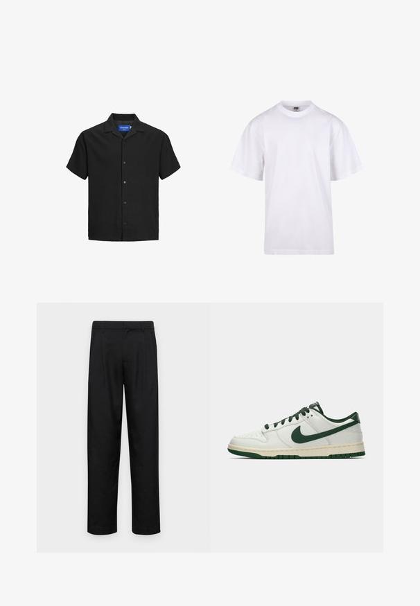Rövid ujjú, fekete ing, gallérral, textúrált anyagból, gombos elülső résszel és egyenes aljjal. Logó címke a nyakban.; Fehér pamut póló kerek nyakkivágással, rövid ujjal és laza szabással. Egyszerű dizájnnal rendelkezik, minták vagy díszek nélkül.; Fekete nadrág sima anyagból, egyenes szárú fazonnal, két elülső redővel és közönséges derékkal, övhurkokkal.; Fehér, alacsony szárú sneaker sötétzöld Nike swoosh-zsal, fűzőkkel és talp kiemelésekkel, profilból bemutatva egy sima fehér háttér előtt.