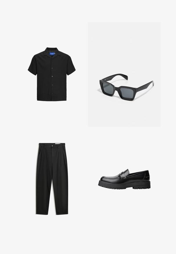 Cămașă neagră cu mânecă scurtă, cu guler, dintr-un material texturat, având un închidere cu nasturi pe față și o tivă dreaptă. Etichetă cu logo în interiorul gâtului.; Pantaloni negri din bumbac cu croială lejeră, având un brâu clasic, plii frontale și buzunare laterale. Textură netedă fără modele.; Mocasini din piele neagră, cu talpă groasă și profilată și bandă decorativă pe partea superioară, prezentati din profil stâng pe fundal alb.; Ochelari de soare rectangulari negri cu lentile întunecate. Ramă din plastic cu un finisaj lucios, având un pod lat și brațe ușor înguste.