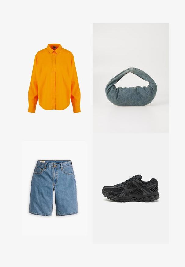 Košela na gombíky v jasnej oranžovej farbe, s klasickým golierom, dlhými rukávmi a zakriveným lemom. Vyrobená z ľahkého materiálu s hladkou textúrou.; Modré denimové šortky s klasickým dizajnom piatich vreciek, so zipsom a gombíkovým zapínaním a rozstrapkanými okrajmi.; Čierna športová obuv s vrchnou časťou z sieťoviny, gumovou podrážkou a textúrovanými prvkami. Dizajn zahŕňa výrazný systém šnurovania a polstrovanú podrážku.; Modrá džínová taška s polstrovaným, zaobleným tvarom a zakrivenou rukoväťou. Textúra je mäkká, s viditeľným šitím a hladkým povrchom.