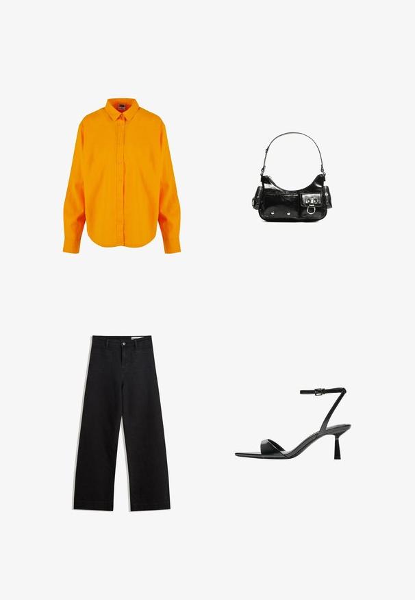 Srajca z gumbi v svetlo oranžni barvi, ki ima klasičen ovratnik, dolge rokave in ukrivljen rob. Narejena iz lahkega materiala z gladko teksturo.; Črne široke denim hlače z visokim pasom, ki imajo sprednje in zadnje žepe, šivane šive ter gumbasto zapiranje. Gladka tekstura.; Bershka Sandali z visoko peto - black; Črna lakasta usnjena torbica s ukrivljeno obliko, enim ramenskim trakom, sprednjimi žepi in srebrnimi kovinskimi dodatki.