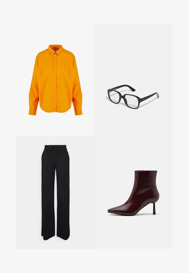 Knap-jersey i lys orange, med klassisk krave, lange ærmer og buet bund. Lavet af letvægtsstof med en glat tekstur.; Sorte brede bukser lavet af blødt stof. Har en elastisk talje med snor, rene linjer og ingen synlige mønstre eller detaljer.; Bordeaux patentlæder ankelstøvle med spids tå og slank stiletto hæl, der har en glat, blank overflade og minimalistisk design.; Sorte rektangulære briller med klare linser, der har afrundede kanter og sideaccenter, med en blank finish på stellet og arme.