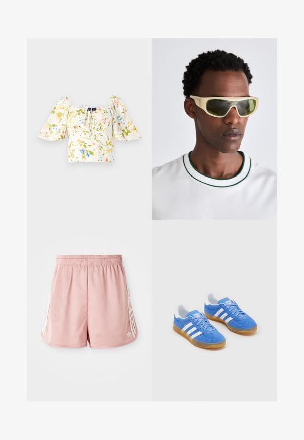 Virágmintás, puffos ujjal ellátott crop top, négyzet alakú nyakkivágással. Legfőképpen fehér alapanyag, zöld, sárga és kék virágmintákkal díszítve.; Rózsaszín sportnadrág elasztikus derékrésszel, oldalsó fehér csíkkal és egy kis logóval a bal alsó elülső részen. Sima szövettextúra.; Kék velúr sportcipők fehér csíkos díszítéssel, gumi talppal és párnázott nyakkal a kényelem érdekében. Hagyományos fűzős dizájnnal rendelkezik.; Áttetsző sárga kerettel és zöld árnyalatú lencsékkel rendelkező napszemüveg. Sarokkal ellátott dizájn, széles templomokkal, fehér inggel viselve, amely zöld kiemelésekkel rendelkezik.