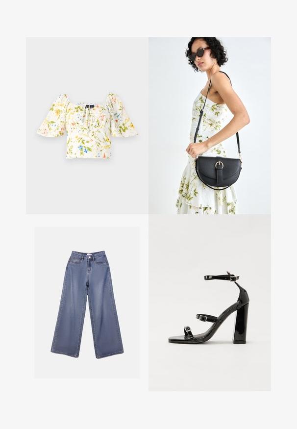 Top corto floreale con maniche a sbuffo, presenta un collo quadrato, tessuto principalmente bianco con motivi floreali verdi, gialli e blu.; Jeans in denim a gamba ampia di un blu chiaro, caratterizzati da una vita alta, tasche frontali e una chiusura con bottone e passanti per cintura.; Sandali con tacco in vernice nera, con punta squadrata, cinturini alla caviglia e fibbie in argento. Presentano un tacco a blocco spesso per maggiore stabilità.; Borsa a tracolla nera in pelle con una forma curva, manico rimovibile e accessori dorati. La borsa presenta una patta con un dettaglio a fibbia.