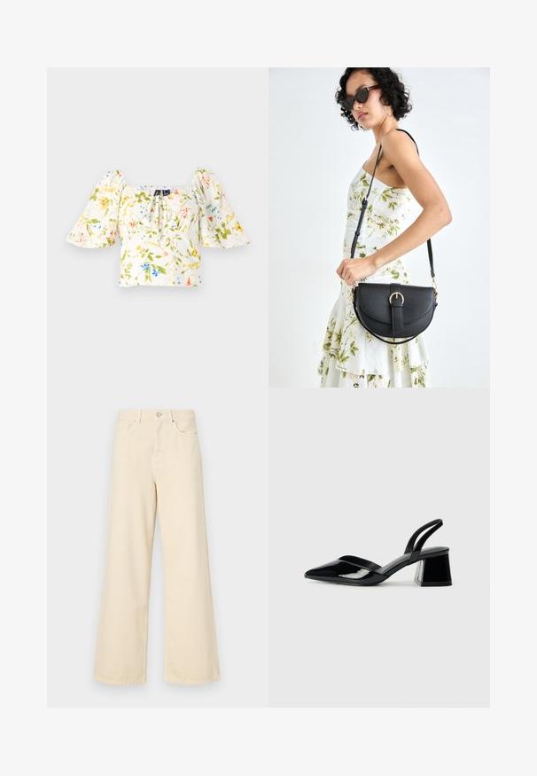Top cropped floral com mangas bufantes, apresenta um decote quadrado, tecido predominantemente branco com padrões florais em verde, amarelo e azul.; Jeans de perna larga bege feitos de algodão. Apresentam um fecho de botão, passadores para cinto e bolsos frontais com uma textura lisa e suave.; Sandy em verniz preto com salto slingback, ponta afilada e salto geométrico. Apresenta um design elegante e minimalista com textura suave.; Bolsa de couro preta com forma curva, alça destacável e detalhes em dourado. A bolsa possui uma aba com detalhe de fivela.