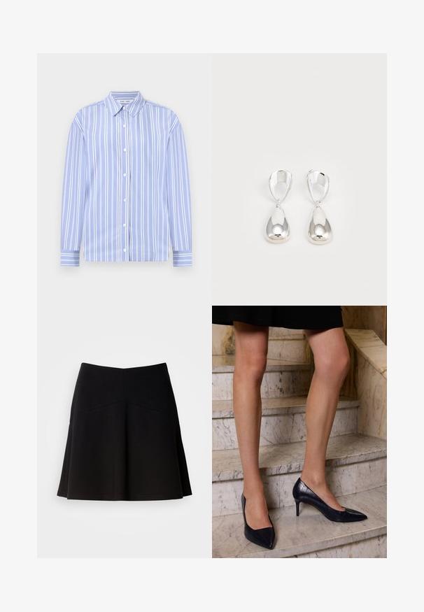 Light blue long-sleeve shirt with white vertical stripes, button-down collar, and front button closure; smooth fabric with structured design.; Black flared skirt made from soft fabric, featuring a fitted waistband and seam detailing. Smooth texture with a simple, classic design.; Navy blue high-heeled shoes with a pointed toe, featuring a smooth and textured finish resembling crocodile skin.; Silver drop earrings featuring a smooth, polished finish. The design includes a teardrop shape with interconnected sections.