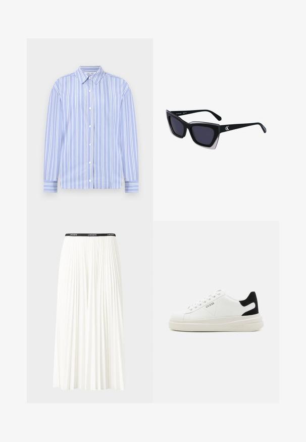 Fénykék hosszú ujjú ing fehér függőleges csíkokkal, gombos gallérral és elöl gombos záródással; sima anyag, strukturált kialakítással.; Plisszírozott fehér szoknya fekete elasztikus derékkal, amelyen a "LACOSTE" logó található. Középhosszú kialakítás, puha tapintással.; Fehér bőr sportcipők vastag fehér talppal, fekete velúr sarokpikkelyel és dombornyomott logóval az oldalon. Fűzős kialakítás, hat fűzőlyukkal.; Fekete, nagyméretű napszemüveg geometrikus formával, sötét lencsékkel és kontrasztos szürke részlettel a kereten. Logó a szárán.