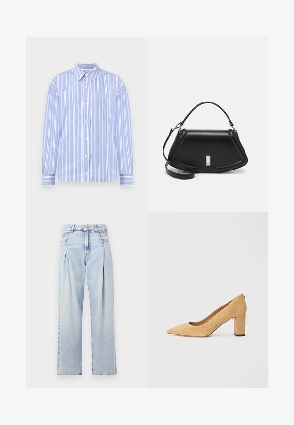 Light blue long-sleeve shirt with white vertical stripes, button-down collar, and front button closure; smooth fabric with structured design.; Light blue denim jeans with a high waist, wide-leg cut, two side pockets, and pleated design feature. Soft texture with a faded finish.; Beige suede high-heeled pump with a pointed toe and a chunky block heel. The material has a soft texture with a smooth finish.; Black leather handbag with a structured design, featuring a cropped shape, top handle, and gold hardware accent. Adjustable shoulder strap included.