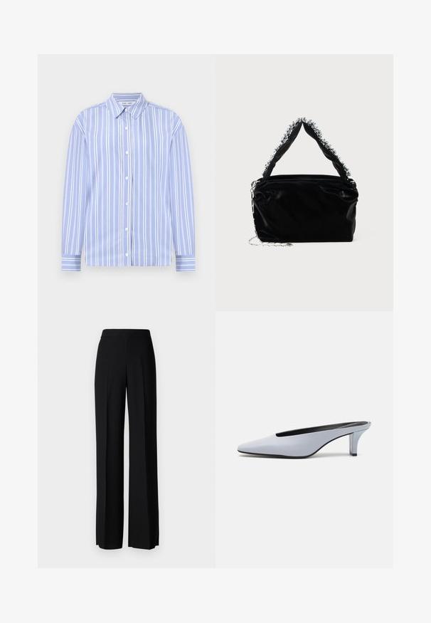 Light blue long-sleeve shirt with white vertical stripes, button-down collar, and front button closure; smooth fabric with structured design.; Black wide-leg trousers with a smooth texture, featuring a high waistband and center pleats. No visible patterns or hardware details.; Light blue patent leather mule with a pointed toe, low transparent heel, and a sleek design featuring a cut-out at the vamp.; Black faux leather handbag with a textured finish, featuring a beaded silver accent along the top handle and a chain strap.