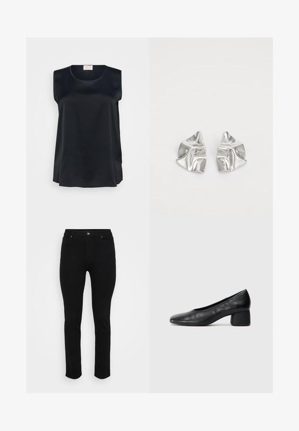 Črna brezrokavnica iz gladkega materiala, ki ima zaobljen izrez in ohlapen kroj z bočnimi razpoki za zračnost in udobje pri gibanju.; Črne kavbojke iz denima s oprijetim krojem, petimi žepi, sprednjo zaponko in rahlo raztegljivim materialom za udobje. Ravna, gladka tekstura z minimalnimi detajli.; Črne usnjene petke z zaobljenim nosom in srednjo blok peto. Gladka tekstura z minimalnimi detajli, ki vključuje subtilno elastično odprtino.; Srebrni kovinski uhani z valovitim, skulpturalnim dizajnom, ki se ponašajo s poliranim zaključkom in nerednimi oblikami, kar poudarja sodobno estetiko.