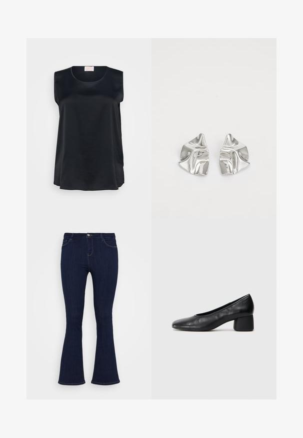 Černý top bez rukávů z hladké tkaniny, s kulatým výstřihem a volným střihem se bočními rozparky pro prodyšnost a snadnost pohybu.; Tmavě modré džíny s vysokým pasem, těsně přiléhající na stehnech a mírně rozšířené na spodním okraji, s předními kapsami a zapínáním na knoflík.; Černé kožené lodičky s kulatou špičkou a středním blokovým podpatkem. Hladký povrch s minimálním zdobením, s jemným elastickým otvorem.; Stříbrné kovové náušnice s vlnitým, sochařským designem s leštěným povrchem a nepravidelnými tvary, které zdůrazňují moderní estetiku.