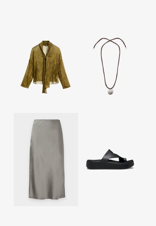 Durchsichtige olivgrüne Bluse mit Schlangenmuster, gekennzeichnet durch einen gebundenen Ausschnitt, lange Ärmel und einen cropped Schnitt.; Grauer Satin-Midirock mit glatter, geschmeidiger Textur. Kleine Seitenschlitze betonen die Bewegungsfreiheit. Minimalistisches Design, figurschmeichelnder Bund und gerade Silhouette.; Schwarze Plattform-Flip-Flops mit einer strukturierten Gummisohle, die ein Kreuzriemen-Design und eine matte Oberfläche aufweisen. Das Markenlogo ist dezent an der Seite angebracht.; Halskette mit einem braunen Band und einem silbernen ovalen Anhänger. Der Anhänger hat eine glatte Oberfläche und eine leichte Vertiefung in der Mitte.
