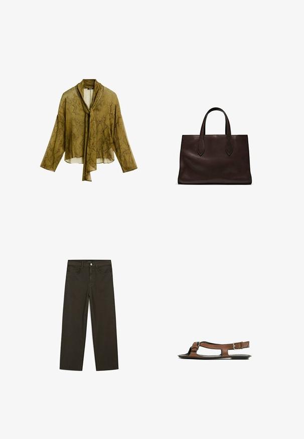 Blusa trasparente verde oliva con un motivo a stampa di serpente, caratterizzata da un collo legato, maniche lunghe e un design cropped.; Jeans a gamba larga di colore verde scuro, realizzati in tessuto misto cotone, dotati di chiusura con bottone frontale, cinque tasche e cuciture classiche in denim.; Sandal in pelle marrone con punta aperta e ritagli laterali. Presenta una fascia alla caviglia con una fibbia metallica e una suola piatta.; Borsa a spalla in pelle marrone con due manici lunghi, forma rettangolare strutturata, texture liscia e dettagli di cucitura sottili.