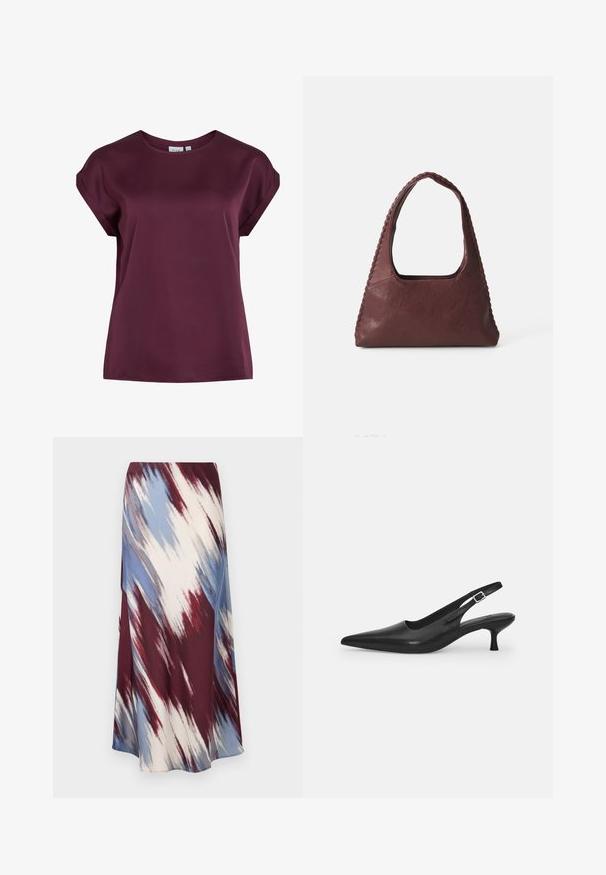 Burgundi színű, rövid ujjú felső, kerek nyakkivágással, sima, könnyű anyagból készült, laza szabású és egyszerű dizájnnal rendelkezik.; Hosszú szoknya, amelynek átlós, batikolt mintázata bordó, kék és krém színekben készült, puha anyagból, amely áramló sziluettel és enyhe fénylő felülettel rendelkezik.; Fekete bőr szandálcipő hegyes orral és karcsú, ívelt sarokkal. Diszkrét, állítható pánttal rendelkezik, fém csattal.; Burgundi bőr kézitáska, háromszög alakú, nyitott tetejű, fonott részletekkel a húzón. Simább tapintású, matt felülettel.