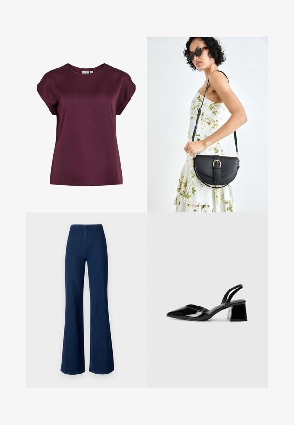 Burgundijas krāsas īsām piedurknēm tops ar apaļu izgriezumu, izgatavots no gludas, vieglas auduma, ar brīvu piegriezumu un vienkāršu dizainu.; Tumši zili platā piegriezuma džinsi, izgatavoti no denima ar elastīgu jostasvietu. Iespējas iekļauj gludu tekstūru un plašu kāju dizainu, kas stiepjas līdz apakšmalai.; Melna lakota āda ar atvērto papēdi, ar smailu purngalu un ģeometrisku blokpapēdi. Iezīmējas elegants, minimāls dizains un gluda tekstūra.; Melnas ādas rokassoma ar izliekta formu, noņemamu siksnu un zelta aksesuāriem. Somai ir vāciņš ar sprādzes detaļu.