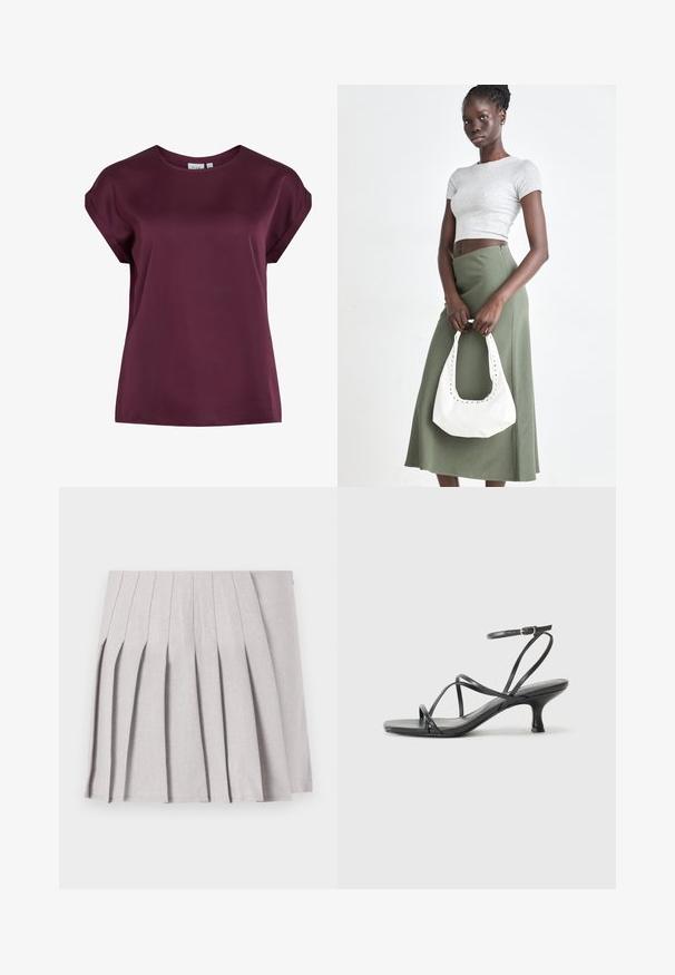 Burgundowa bluzka z krótkim rękawem o okrągłym dekolcie, wykonana z gładkiego, lekkiego materiału, charakteryzująca się luźnym krojem i prostym fasonem.; Szara plisowana spódnica o gładkiej fakturze, z licznymi pionowymi fałdami i dopasowaną talią. Wykonana z lekkiego materiału.; Czarne sandały na obcasie z cienkimi paskami, otwartą częścią palcową i małym, rozszerzonym obcasem. Materiał wydaje się gładki i błyszczący.; Szary prążkowany crop top i oliwkowa spódnica o wysokim stanie. Modelka trzyma białą torebkę na ramię z wycięciami. Prosty design, dopasowany krój.