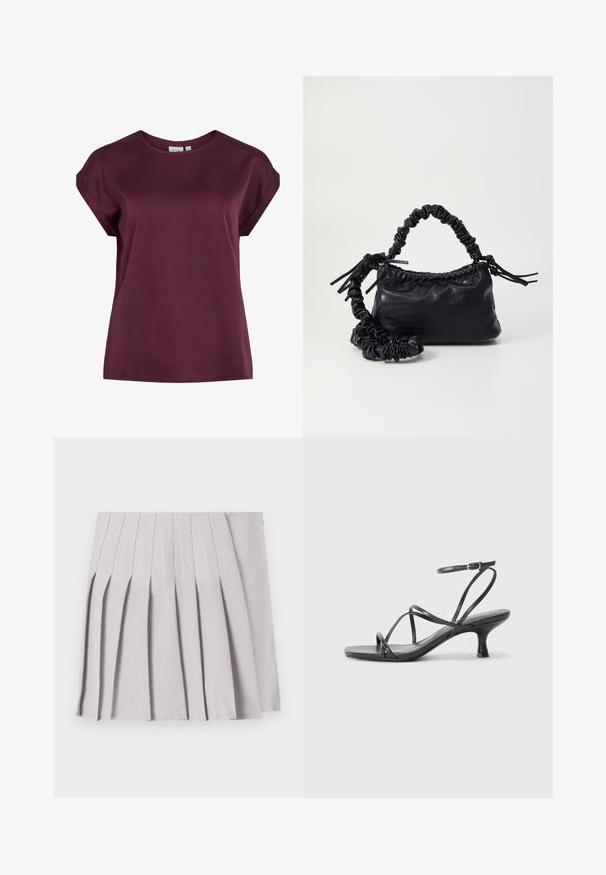 Bordový krátky rukáv top s okrúhlym výstrihom, vyrobený z hladkej, ľahkej látky, s voľným strihom a jednoduchým dizajnom.; Sivá plisovaná sukňa s hladkým povrchom, s viacerými vertikálnymi skladmi a priliehavým pásom. Vyrobená z ľahkého materiálu.; Čierne lodičky na podpätku s tenkými remienkami, otvorenou špičkou a malým rozšíreným podpätkom. Materiál vyzerá hladko a lesklo.; Čierna umelá kožená kabelka s kroko vzorom, sťahovaným vrchom a zhnutým popruhom. Vyzerá mäkko a kompaktné v dizajne.