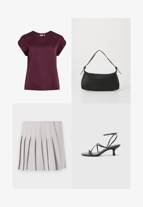 Burgundowa bluzka z krótkim rękawem o okrągłym dekolcie, wykonana z gładkiego, lekkiego materiału, charakteryzująca się luźnym krojem i prostym fasonem.; Szara plisowana spódnica o gładkiej fakturze, z licznymi pionowymi fałdami i dopasowaną talią. Wykonana z lekkiego materiału.; Czarne sandały na obcasie z cienkimi paskami, otwartą częścią palcową i małym, rozszerzonym obcasem. Materiał wydaje się gładki i błyszczący.; Czarna, pleciona torba na ramię z gładkim skórzanym paskiem i zapięciem na zamek. Charakteryzuje się teksturowaną powierzchnią i zakrzywionym kształtem.