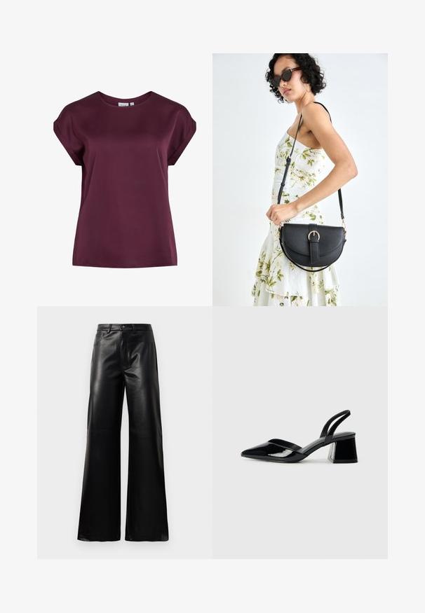 Bordo kratka majica s kratkimi rokavi in okroglim izrezom, izdelana iz gladkega, lahkega materiala, s prostornim krojem in preprostim dizajnom.; Črne široke hlače iz umetnega usnja z visokim pasom, sprednjim gumbom, zadrgo, zanke za pas in stranskimi žepi na beli podlagi.; Črne lakirane slingback pete s koničastim nosom in geometrijsko blokasto peto. Imajo eleganten, minimalističen dizajn in gladko teksturo.; Črna usnjena torbica s ukrivljeno obliko, z odstranljivo naramnico in zlatimi dodatki. Torbica ima pokrov s podrobnostmi v obliki zaponke.