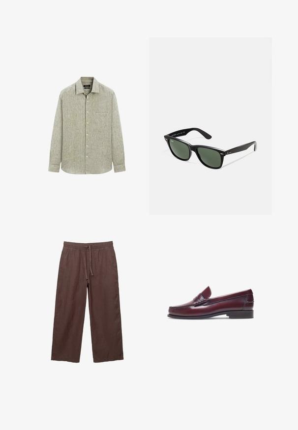 Camicia verde chiaro a maniche lunghe con bottoni, realizzata in tessuto a trama. Presenta una tasca sul petto e un colletto classico con chiusura a bottoni.; Pantaloni larghi in lino marrone con cintura regolabile, dotati di due tasche laterali e un tessuto leggero e testurizzato.; Mocassino in pelle bordeaux con punta tonda, dettagli cuciti e un piccolo accentu decorativo sulla tomaia. Suola piatta in contrasto.; Occhiali da sole in plastica nera con lenti verdi, montatura quadrata, dettaglio argento sulla parte superiore e steli con texture. Marchio indicato sulla parte interna dello stelo.