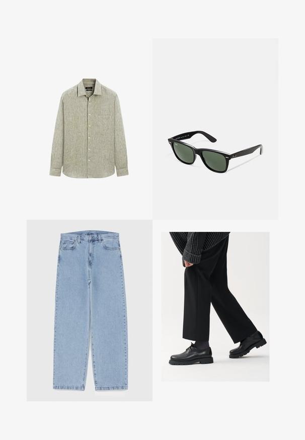 Jasnozielona, długa koszula zapinana na guziki z teksturowanej tkaniny. Posiada kieszeń na piersi oraz klasyczny kołnierzyk z zapięciem na guziki.; Jasnoniebieskie dżinsy o prostym kroju nogawki, z średnim stanem, pięcioma kieszeniami oraz zapięciem na guzik i zamek błyskawiczny.; Czarne skórzane buty z okrągłym noskiem, sznurowanym zapięciem i grubą, fakturowaną podeszwą. Noszone z dopasowanymi czarnymi spodniami i swetrem z prążkowanej tkaniny.; Czarne plastikowe okulary przeciwsłoneczne z zielonymi szkłami, kwadratowe oprawki, srebrny akcent na brwi oraz fakturowane ramiona temple. Nazwa marki podana na wewnętrznej stronie ramion.; Zegarek kwarcowy ze srebrną bransoletą ze stali nierdzewnej, okrągłą czarną tarczą, białymi znacznikami godzinowymi i wyświetlaczem daty na godz. 3. Wodoszczelny do 50 m.