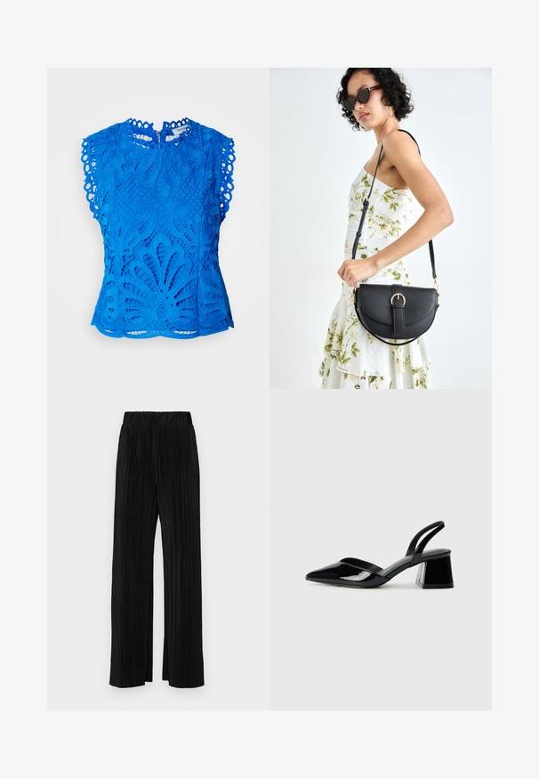 Sininen pitsitoppi, jossa on kukkaleikkauksia, aaltoilevat hihat ja korkea kaula-aukko. Vetoketju takana sulkemista varten.; Mustat pleatatut housut, joissa on joustava vyötärö. Ominaisuuksiin kuuluvat leveät lahkeet ja sileä, teksturoitu kangas, jossa on pystysuoria raitoja.; Mustat patentoitu nahkakengät, joissa on säären takaosa ja terävä kärki, sekä geometrinen palikkakorko. Sisältää tyylikkään, minimalistisen muotoilun ja sileän pinnan.; Musta nahkainen käsilaukku, joka on kaareva muotoilultaan, irrotettavalla hihnalla ja kultaisilla yksityiskohdilla. Laukussa on läppä, jossa on solk yksityiskohta.
