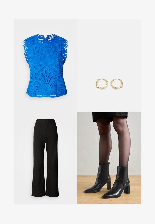 Modra čipkasta majica z rožnatimi izrezi, z valovnimi rokavi in visokim ovratnikom. Zadrga na hrbtni strani za zapiranje.; Črne široke hlače z gladko teksturo, visokim pasom in čistim dizajnom. Brez vidnih žepov ali okrasnih elementov.; Črne usnjene gležnjarje s koničastim nosom, masivnim kvadratnim petam in sleek oblikovanjem. Imajo elastične stranske panele za enostavno obuvanje.; Zlate obročaste uhane z teksturirano, nepravilno obliko. Imajo brezšivno zapiranje in poliširano površinsko obdelavo, kar poudarja sodoben dizajn.