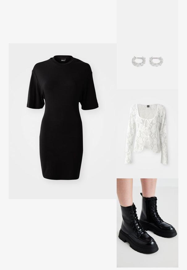 White lace long-sleeve cardigan with a scoop neckline and tie-front closure. Floral pattern with a sheer texture and curved hemline.; Black, short-sleeve dress made from soft fabric. Features a rounded neckline and a fitted silhouette with a knee-length hem.; Black leather ankle boots with a chunky sole, lace-up front, and side zipper; features a smooth finish and raised toe cap.; Silver hoop earrings featuring clear, rectangular and triangular crystals arranged in a patterned design. Posts for secure fastening.
