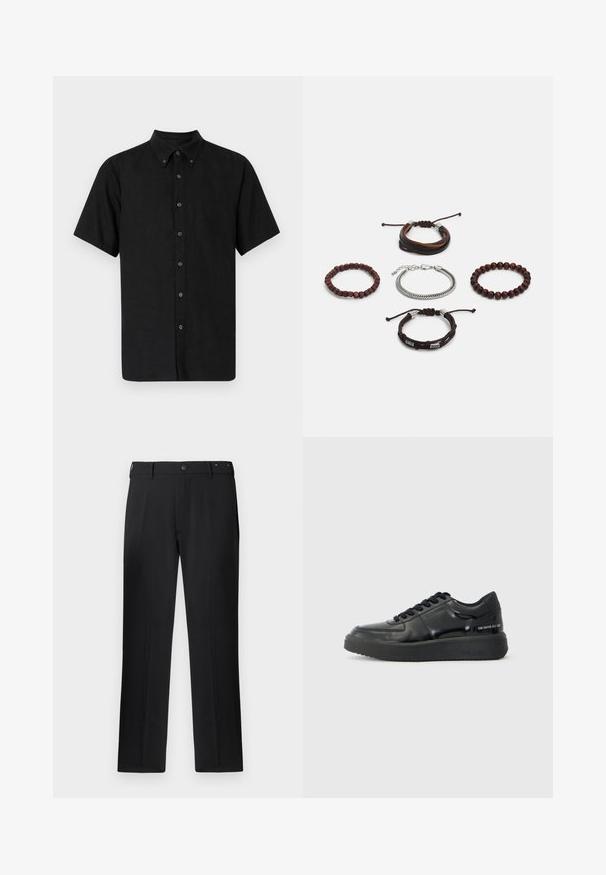 Camicetta nera a maniche corte con colletto a punta, realizzata in tessuto testurizzato, caratterizzata da bottoni neri che si estendono lungo la parte anteriore.; Pantaloni neri con design a gamba dritta, chiusura con bottone e passanti per cintura, dalla texture liscia e senza motivi o dettagli visibili.; Sneakers in pelle nera con una finitura liscia, punta rotonda e suola in gomma nera a contrasto. Presentano lacci piatti e un logo sul lato.; Set di cinque bracciali caratterizzati da pelle marrone, perline di legno e una catena in argento; texture e forme variabili, con chiusure regolabili.