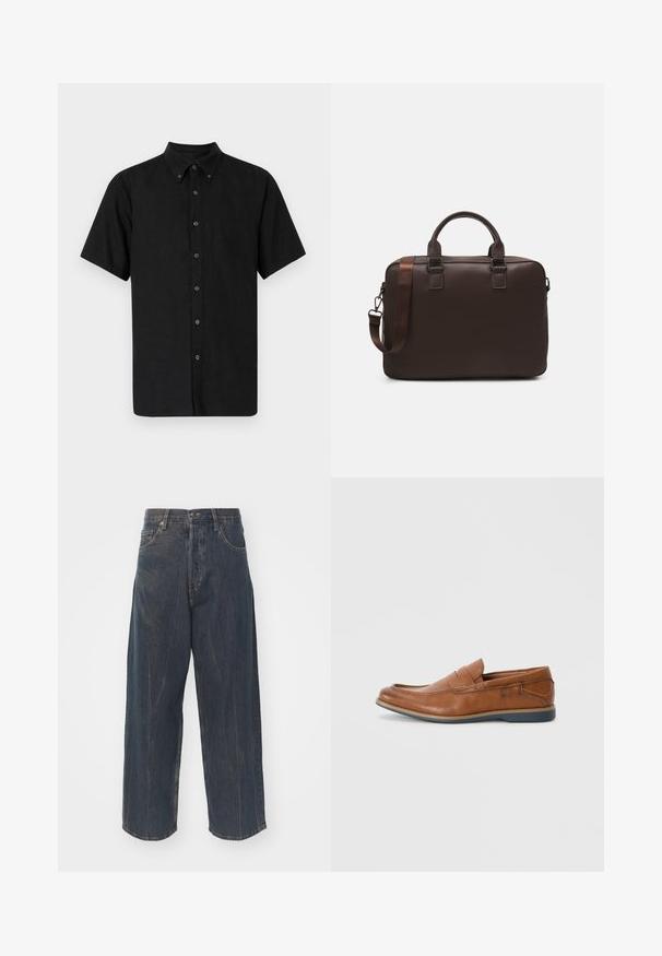 Juodas trumpomis rankovėmis marškinėliai su mygtukiniu apykakliu, pagaminti iš tekstūruotos medžiagos, su juodais mygtukais, einančiais per visą priekinę dalį.; Plati tamsiai mėlyni džinsai su subtiliu suplyšusiu tekstūros, penkios kišenės ir klasikinis mygtukų bei užtrauktuko uždarymas juosmens srityje.; Rudoni odiniai loaf'eriai su apvalia nosimi, siuvinėtomis detalėmis ir žema guminėmis pakulne. Dizainas turi juostą per viršutinę dalį.; Ruda odinė nešiojamojo kompiuterio rankinė su tekstūruota paviršiumi, dviem viršutiniais rankenomis, reguliuojama juosta ir dviem priekiniais sagtimis papildomam akcentui.