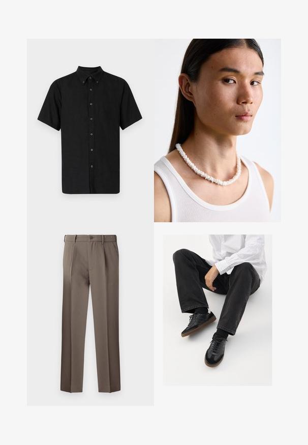 Sort kortærmet skjorte med knap-Down krave, lavet af struktureret stof, med sorte knapper, der løber ned ad fronten.; Brune skræddersyede bukser med indlæg, der har knaplukning, bæltestropper og en glat, vævet tekstur. Klassisk design med lige ben.; Sorte sneakers med en glat og tekstureret overdel, der har en gummisål og mørke snørebånd. Bæret sammen med sorte jeans og en hvid stribet skjorte.; Hvid skal halskæde bestående af uregelmæssige former, båret over en tætsiddende hvid tanktop. Glat tekstur med subtil glans, tætsiddende design.