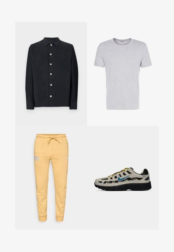 Bather SHIRT - Srajca - coal; Siva bombažna majica z okroglo ovratnikom, kratkimi rokavi in enostavno zasnovo, ki ima mehko, gladko teksturo in brez vidnih vzorcev ali okraskov.; Rumene trenirke z vrvico in elastičnimi zapenjali, napis "BOSTON" na levem stegnu in majhen bel Nike logotip na desnem stegnu.; Bež in črne Nike P-6000 superge z modrim logotipom, rumenimi vezalkami, črnim podplatom in oznako iz Cordura tkanine na peti.