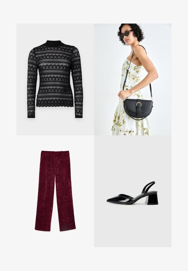 Svart spets långärmad topp med mock-krage, dekorerad med blommönster och vågig nederkant. Genomskinlig textur med en figurnära silhuett.; Burgundy vida byxa med vida ben, tillverkad av mjukt, texturerat tyg med en slät midja och rak silhuett. Inga synliga fickor eller utsmyckningar.; Svarta lackläder slingback klackar med spetsig tå och geometrisk klack. Har en elegant, minimalistisk design och slät yta.; Svart läderhandväska med en böjd form, avtagbar rem och guldiga detaljer. Väskan har ett lock med en spänndetalj.