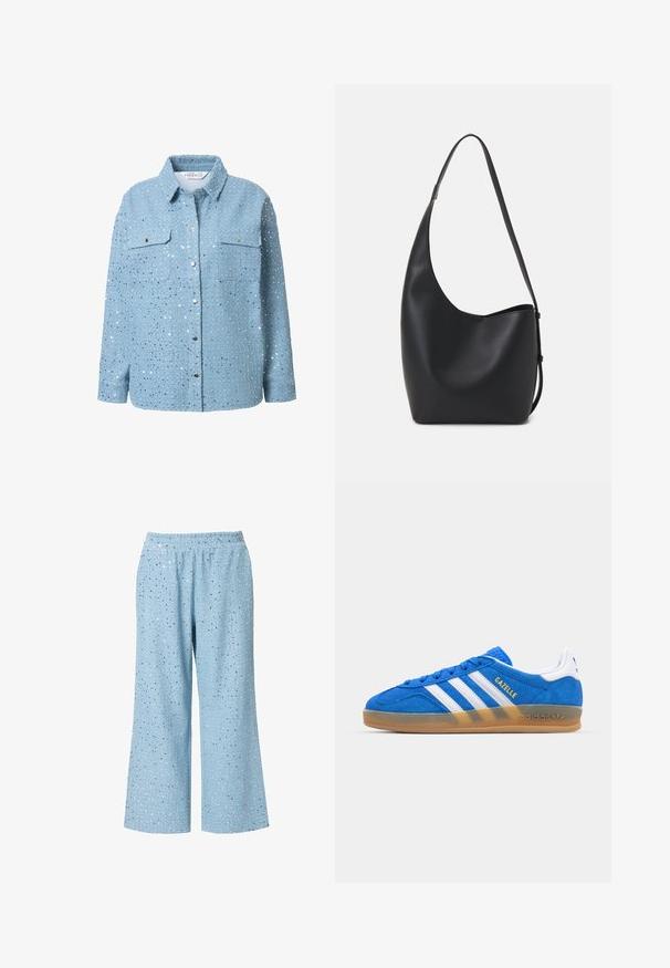 Camicia in denim azzurro chiaro con paillettes argentate, maniche lunghe, colletto, due tasche sul petto e chiusura a bottoni a pressione. Texture liscia e decorazioni dettagliate.; Pantaloni a gamba larga azzurro chiaro con cintura elastica, caratterizzati da una superficie testurizzata decorata con dettagli metallici sparsi.; Sneaker in suede blu con strisce bianche e testo "Gazelle". Presenta suola in gomma e accenti testurizzati sulla parte superiore. Design classico.; Borsa hobo nera in pelle con una superficie liscia, forma curvata e una singola tracolla regolabile; presenta un'ampia apertura nella parte superiore.