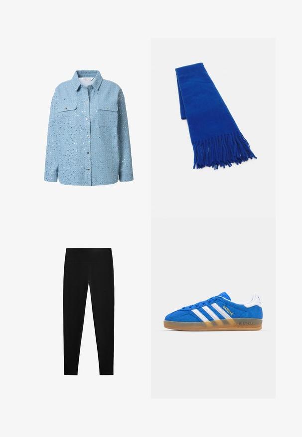 Camicia in denim azzurro chiaro con paillettes argentate, maniche lunghe, colletto, due tasche sul petto e chiusura a bottoni a pressione. Texture liscia e decorazioni dettagliate.; Leggings neri realizzati in un tessuto elasticizzato, con vita alta e un design fluido e senza cuciture, adatti per varie attività.; Sneaker in suede blu con strisce bianche e testo "Gazelle". Presenta suola in gomma e accenti testurizzati sulla parte superiore. Design classico.; Sciarpa blu intrecciata con estremità frangiate, texture liscia, forma rettangolare e colore uniforme su tutta la superficie. Adatta per il freddo.; Borsa hobo nera in pelle con una superficie liscia, forma curvata e una singola tracolla regolabile; presenta un'ampia apertura nella parte superiore.