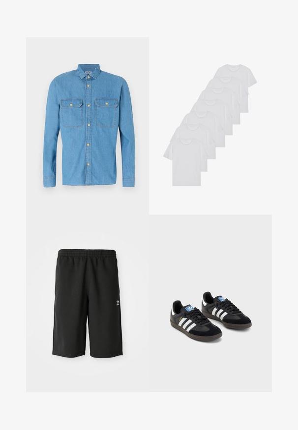 Hele helesinine denim-särk, millel on pikad varrukad, nööbid ees, kaks rinna taskut, terav krae ja kuldsed nööbid. Sile tekstuur, lõdva disainiga.; Valge puuvillane T-särk, lühikeste varrukatega, ümar neel, ühtlane tekstuur, reastatud kuhjale, kaeluses peene brändinguga.; Mustad puuvillased lühikesed püksid, millel on elastne vöökoht, külgõmblused ja väike valge logo vasakul jalge peal. Sile tekstuur, põlve pikkusega disain.; Mustad tossud, mille pealseks on seemisnahk ja sünteetilised materjalid, kolme valge triibuga, tekstureeritud kummitald ja sinine logo silt keele peal.