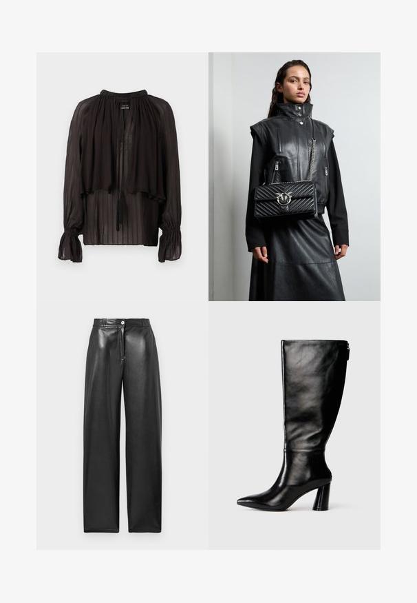 Blusa preta, transparente, com um decote alto, frente em camadas, punhos elásticos e franjas decorativas. Apresenta textura de riscas verticais.; Calças largas pretas feitas de material brilhante. Apresentam um fecho frontal com botão, um ligeiro brilho e linhas limpas sem padrões visíveis.; Bota de couro preta até o joelho com bico fino, textura lisa e salto robusto. Possui um fecho de zíper na parte traseira.; Colete de couro preto com gola alta, bolsos com fecho, e uma bolsa de mão preta acolchoada com um detalhe em metal prateado, usado com uma saia longa preta.