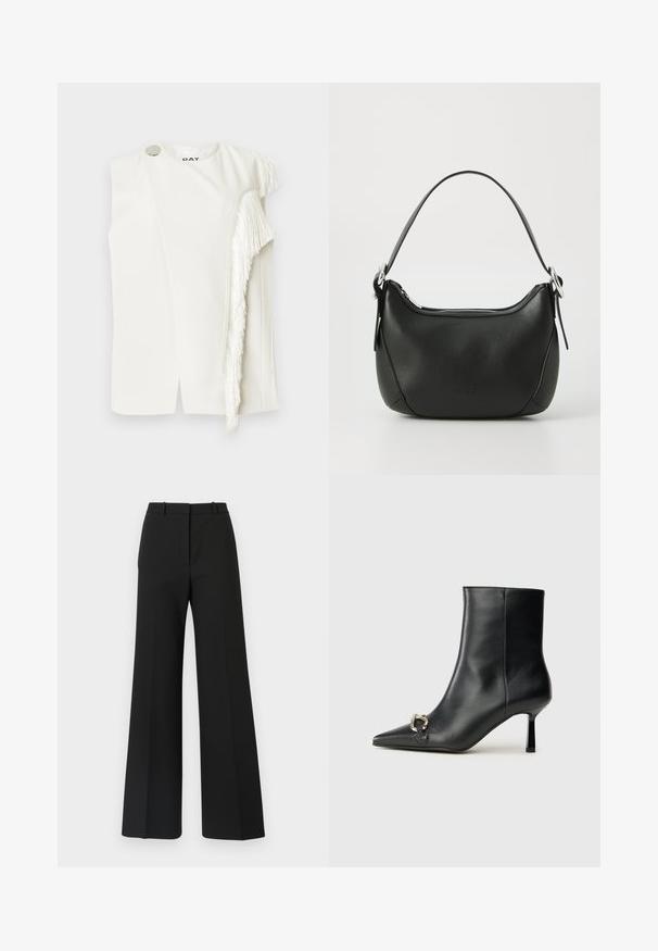 Balta bez piedurknēm augšdaļa ar franjām vienā pusē, apļveida sudraba pogu tuvumā plecam, un tīru, minimālistisku griezumu.; Melni plati bikses ar pielāgotu dizainu, ar gludu tekstūru un smalkiem krokām priekšpusē. Nav redzama aparatūra vai raksti.; Melnā ādas potīšu zābaku ar smailu purngalu, šauru vidēja augstuma papēdi un sudraba sprādzi sānos uz vienkrāsaina fona.; Melnas ādas rokassoma ar izliekumu formu, sudraba rāvējslēdzis un īsu rokturi. Priekšpusē ir smalks logo un gluda tekstūra.