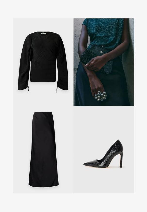Čierny dlhý rukáv textúrovaný top s jemnými vlnitými vzormi, okrúhlym výstrihom, mierne pufovanými ramennými časťami a malými viazaniami na koncoch rukávov.; Norma Kamali BIAS OBIE SKIRT - Maxisukňa - black; Čierna lodička s špicatou špičkou a lakovanou textúrou krokodíla, s elegantným dizajnom, vysokým stiletto podpätkom a hladkým čiernym interiérom.; Čierna clutch kabelka s krokodílovým vzorom a striebornými kovovými prvkami, držaná proti textúrovanému sivému pozadiu. Má lesklý povrch.