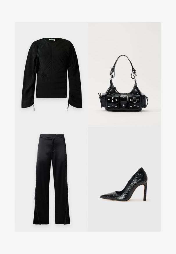 Sort langærmet top i tekstur med subtile bølgemønstre, rund halsudskæring, let puffede skuldre og små bånd i ærmeslutningerne.; Sorte satinbukser med brede ben, der har frynse detaljer langs sidesømmen og en flad front talje. Ensfarvet bag uden lommer.; Sorte spidse tå stiletto-sko i krokodilleskind med et strømlinet design, høj hæl og glat sort inderside.; Sort læderhåndtaske med et buet design, prydet med sølvfarvede nitter, en spænde og to sidelommer. Justerbar rem til forskellige bære muligheder.