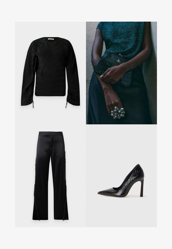 Melnā garo piedurkņu teksturētā blūze ar smalkām viļņainām rakstām, apkakles izgriezumu, nedaudz puffētām plecu daļām un maziem saišķīšiem pie piedurkņu galiem.; Melnas satīna bikses ar platām kājām, ar frēzi detaļām gar sānu šuvēm un plakanu priekšējo jostas daļu. Vienkārša aizmugure bez kabatām.; Melni augstpapēžu apavi ar norādītu purngalu, ar krokodila ādas tekstūru, izceļoties ar elegantu dizainu, augstu stiletto papēdi un gludu melnu interjeru.; Melna krokodilā ādas raksta rokassoma ar sudraba detaļām, turēta pretī tekstūrētai pelēkai fona. Iespējo spīdīgu virsmu.
