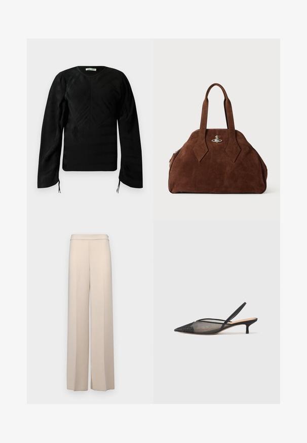 Černý dlouhý rukáv strukturovaný top s jemnými vlnitými vzory, kulatým výstřihem, mírně nabíranými rameny a malými tkanicemi na koncích rukávu.; Beige široké kalhoty z hladkého materiálu, s vysokým pasem a jemnými předními záhyby. Bez kapes nebo viditelných kovových prvků.; NEOUS IRENA - Klasické lodičky - black; Hnědá semišová kabelka se strukturovaným tvarem, zaobleným tělem a prodlouženými úchyty ve tvaru diamantu. Obsahuje stříbrné kování na zavírání.