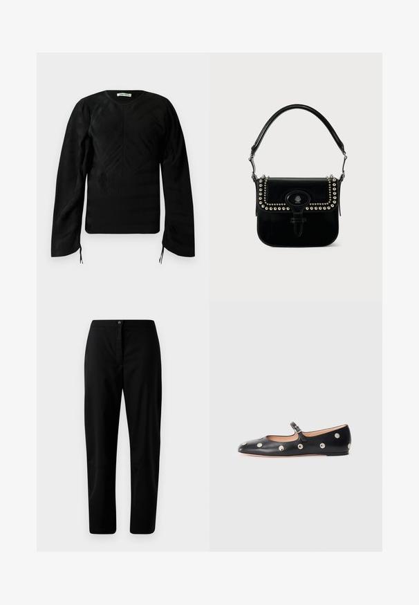 Schwarzes, langärmliges, strukturiertes Oberteil mit dezenten Wellenmustern, Rundhalsausschnitt, leicht gepufften Schultern und kleinen Bändern an den Ärmelenden.; Schwarze gerade Hosen mit Knopf- und Reißverschluss, glattem Stoff und minimaler Gestaltung vor einem schlichten hellen Hintergrund.; Schwarze Leder-Mary-Jane-Ballenflats mit runder Zehenform, ausgestattet mit silbernen runden Nieten und einem verstellbaren Riemen mit Schnalle.; Schwarze Lackleder-Handtasche mit Nietenakzenten, runder Klappe und verstellbarem Griff. Auf der Vorderseite befindet sich ein zentrales Logodetail.