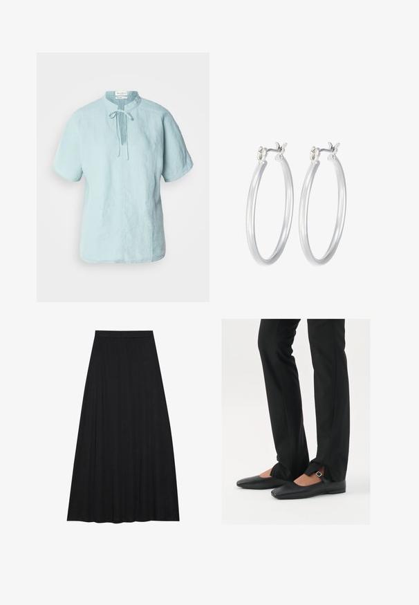 Camisa de lino azul claro de manga corta con escote redondo, detalle de nudo en la parte delantera y corte recto. Presenta una textura sutil y un ajuste casual.; Falda maxi negra fabricada en una tela suave y fluida. Presenta una cintura elástica y una silueta amplia en forma de A con una textura lisa.; Bailarinas de cuero negro con punta afilada, correa con hebilla de plata, combinadas con pantalones negros ajustados que presentan un dobladillo con abertura.; Pendientes de aro de plata con un acabado liso y pulido. Forma redonda y cierre de click seguro. Diseño ligero adecuado para el uso diario.