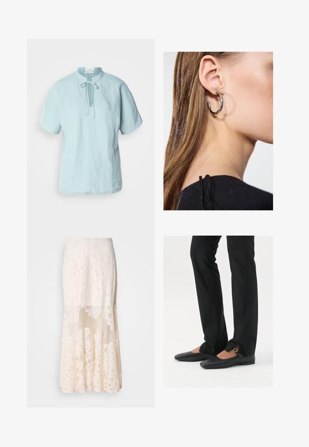 Helles blaues Leinenhemd mit kurzen Ärmeln, rundem Ausschnitt, Frontbindedetail und geradem Schnitt. Verfügt über eine dezente Textur und lässige Passform.; Blumige Spitzen-Midi-Rock in Creme; verfügt über ein geschichtetes Design mit transparenten Abschnitten, strukturierter Spitze und einem ausgestellten Saum.; Schwarze Leder-Ballerinas mit spitzer Zehenpartie, Riemchen mit silberner Schnalle, kombiniert mit schwarzen taillierten Hosen mit Schlitzsaum.; Silberne Creolen mit polierter Oberfläche, die kleine goldene Akzentdetails und eine runde Form aufweisen, am Ohrläppchen getragen.