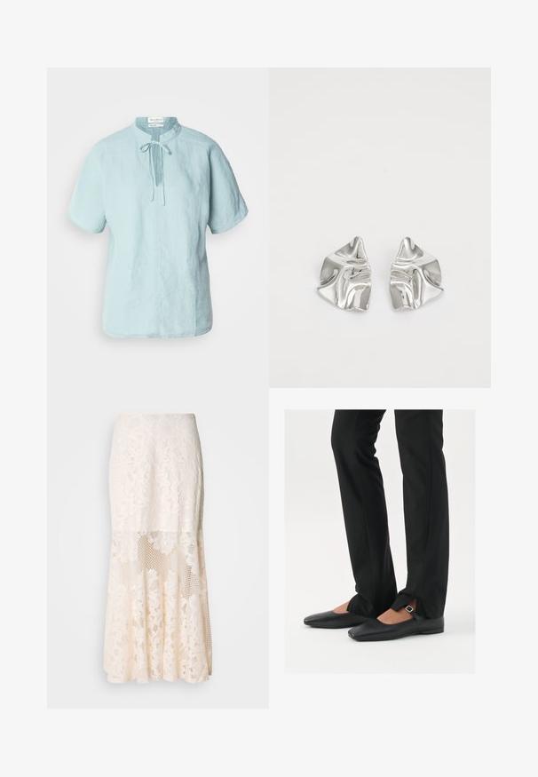 Light blue linen short-sleeve shirt with a round neckline, front tie detail, and a straight cut. Features a subtle texture and casual fit.; Floral lace midi skirt in cream; features layered design with sheer sections, textured lace, and a flared hem.; Black leather ballet flats with a pointed toe, strap with silver buckle, paired with black tailored pants featuring a slit hem.; Silver metal earrings with a wavy, sculptural design featuring a polished finish and irregular shapes, highlighting a contemporary aesthetic.