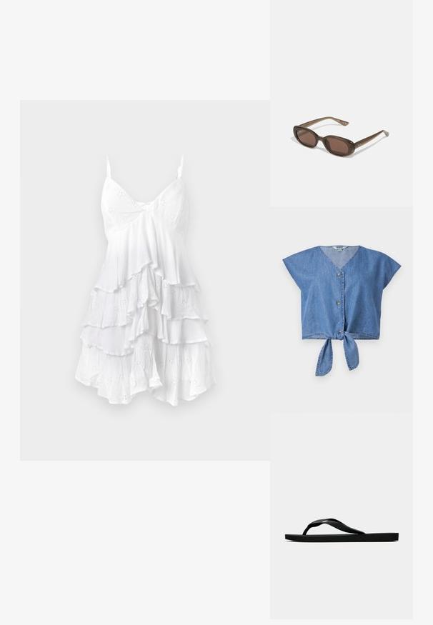 Denim cropped top in light blue, featuring a V-neck, cap sleeves, front button closure, and knot detail at the hem. Smooth texture.; White sleeveless dress with ruffled layers, made of lightweight fabric featuring eyelet patterns and delicate texture. V-neck design.; Black rubber flip-flop sandal with a textured thong strap and simple flat sole, shown from side on a plain light background.; Brown oval sunglasses with dark lenses. Frame has a transparent brown material and features a logo printed on the temples.; Brown monogrammed leather bag with a gold chain strap, zip closure, and a flat, rectangular shape. Features a logo embossed on the front.