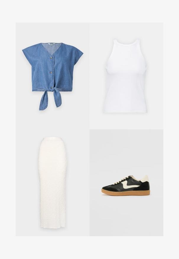 Šviesiai mėlynas džinsinis trumpas viršus, su V formos iškirpte, trumpomis rankovėmis, priekyje reguliuojamais mygtukais ir mazgo detale apačioje. Lygus paviršius.; Baltas be rankovių marškinėlis, pagamintas iš išklotinės medžiagos, su apvaliu iškirpimu ir prigludusia siluetu, minimaliais siūlais ir be dekoracijų.; Gina Tricot STRUCTURE MAXI SKIRT - Maksi sijonas - white; Juodos zomšo ir odos sportinės bateliai su kreminiu šoniniu swoosh ir šviesiai kreminiu kulnu. Ypatybės - smėlio spalvos raišteliai ir guminis padas.